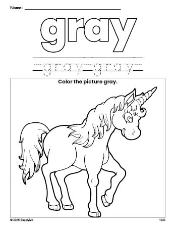 Free unicorn color gray coloring page and color worksheet, gray worksheet for preschoolers to learn colors, printable PDF