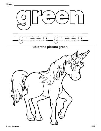 Free unicorn color green coloring page and color worksheet, green worksheet for preschoolers to learn colors, printable PDF