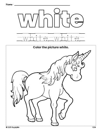 Free unicorn color white coloring page and color worksheet, white worksheet for preschoolers to learn colors, printable PDF