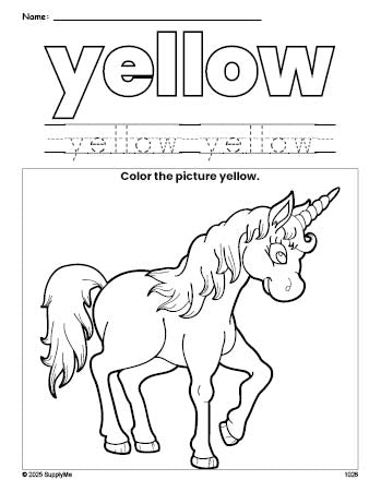 Free unicorn color yellow coloring page and color worksheet, yellow worksheet for preschoolers to learn colors, printable PDF