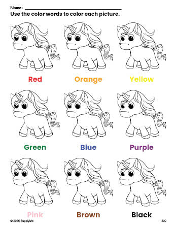 Free unicorn coloring page and color worksheet for preschoolers to learn colors, printable PDF