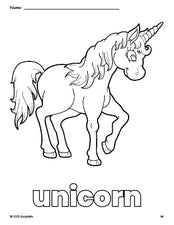 Free printable unicorn coloring page for preschool, pre-k, and kindergarten, PDF