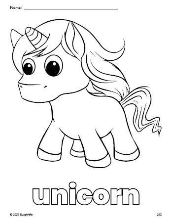 Free printable unicorn coloring page for preschool, pre-k, and kindergarten, PDF