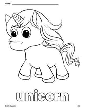 Free printable unicorn coloring page for preschool, pre-k, and kindergarten, PDF