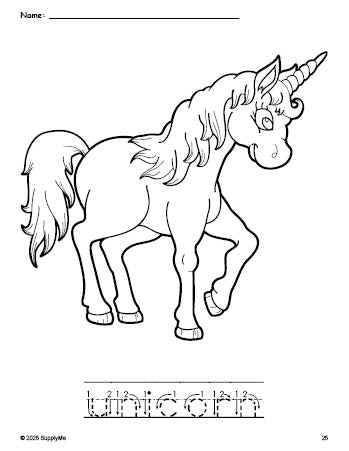 FREE Printable Unicorn Coloring Page and Word Tracing Worksheet, Letter ...