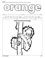 Free urangatang color orange coloring page and color worksheet, orange worksheet for preschoolers to learn colors, printable PDF