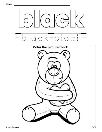 Free Valentine's Day bear color black coloring page and color worksheet, black worksheet for preschoolers to learn colors, printable PDF