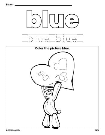 Free Valentine's Day bear color blue coloring page and color worksheet, blue worksheet for preschoolers to learn colors, printable PDF