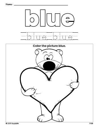 Free Valentine's Day bear color blue coloring page and color worksheet, blue worksheet for preschoolers to learn colors, printable PDF