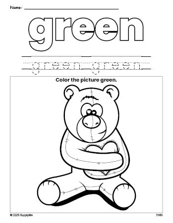 Free Valentine's Day bear color green coloring page and color worksheet, green worksheet for preschoolers to learn colors, printable PDF