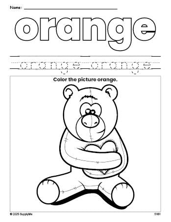 Free Valentine's Day bear color orange coloring page and color worksheet, orange worksheet for preschoolers to learn colors, printable PDF