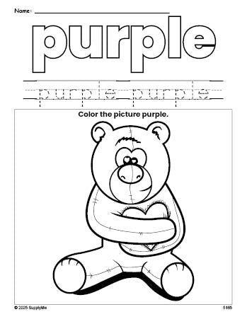 Free Valentine's Day bear color purple coloring page and color worksheet, purple worksheet for preschoolers to learn colors, printable PDF