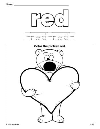 Free Valentine's Day bear color red coloring page and color worksheet, red worksheet for preschoolers to learn colors, printable PDF