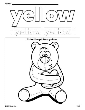 Free Valentine's Day bear color yellow coloring page and color worksheet, yellow worksheet for preschoolers to learn colors, printable PDF