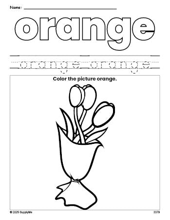 Free Valentine's Day bouquet color orange coloring page and color worksheet, orange worksheet for preschoolers to learn colors, printable PDF