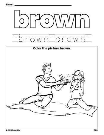 Free Valentine's Day couple color brown coloring page and color worksheet, brown worksheet for preschoolers to learn colors, printable PDF