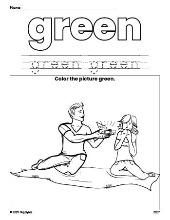 Free Valentine's Day couple color green coloring page and color worksheet, green worksheet for preschoolers to learn colors, printable PDF