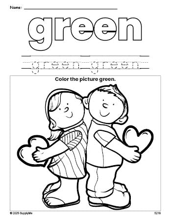 Free Valentine's Day couple color green coloring page and color worksheet, green worksheet for preschoolers to learn colors, printable PDF