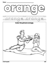 Free Valentine's Day couple color orange coloring page and color worksheet, orange worksheet for preschoolers to learn colors, printable PDF