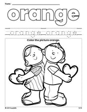 Free Valentine's Day couple color orange coloring page and color worksheet, orange worksheet for preschoolers to learn colors, printable PDF