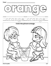 Free Valentine's Day couple color orange coloring page and color worksheet, orange worksheet for preschoolers to learn colors, printable PDF