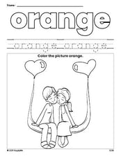 Free Valentine's Day couple color orange coloring page and color worksheet, orange worksheet for preschoolers to learn colors, printable PDF