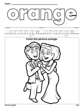 Free Valentine's Day couple color orange coloring page and color worksheet, orange worksheet for preschoolers to learn colors, printable PDF