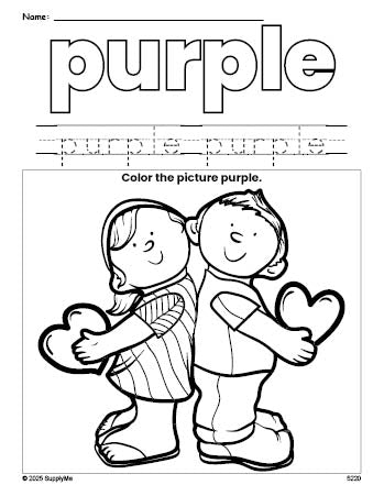 Free Valentine's Day couple color purple coloring page and color worksheet, purple worksheet for preschoolers to learn colors, printable PDF