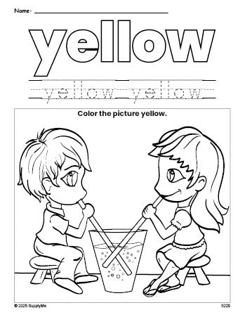 Free Valentine's Day couple color yellow coloring page and color worksheet, yellow worksheet for preschoolers to learn colors, printable PDF