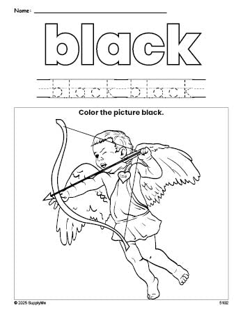 Free Valentine's Day cupid color black coloring page and color worksheet, black worksheet for preschoolers to learn colors, printable PDF