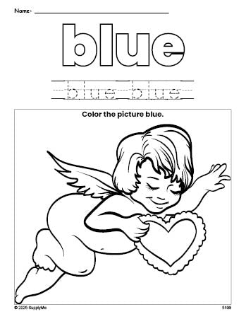 Free Valentine's Day cupid color blue coloring page and color worksheet, blue worksheet for preschoolers to learn colors, printable PDF