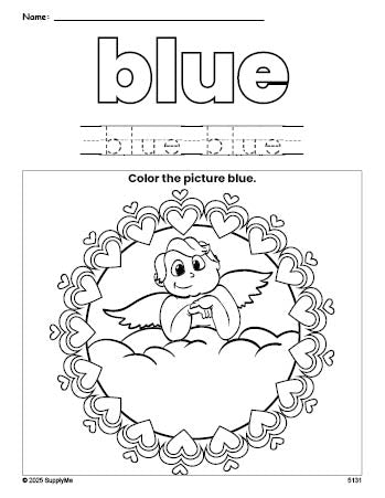 Free Valentine's Day cupid color blue coloring page and color worksheet, blue worksheet for preschoolers to learn colors, printable PDF