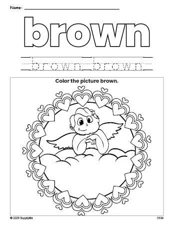 Free Valentine's Day cupid color brown coloring page and color worksheet, brown worksheet for preschoolers to learn colors, printable PDF