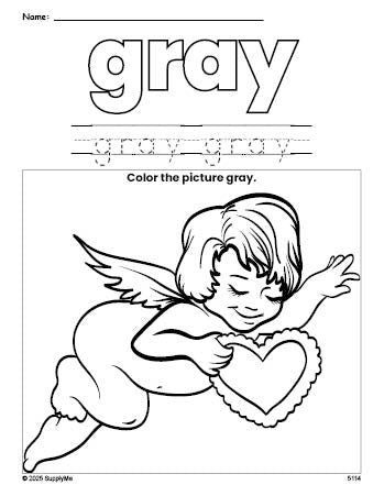 Free Valentine's Day cupid color gray coloring page and color worksheet, gray worksheet for preschoolers to learn colors, printable PDF