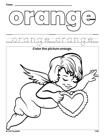 Free Valentine's Day cupid color orange coloring page and color worksheet, orange worksheet for preschoolers to learn colors, printable PDF