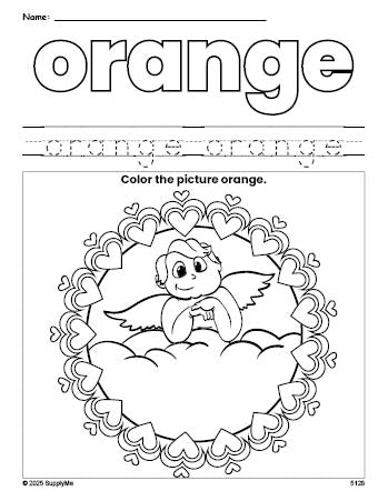 Free Valentine's Day cupid color orange coloring page and color worksheet, orange worksheet for preschoolers to learn colors, printable PDF