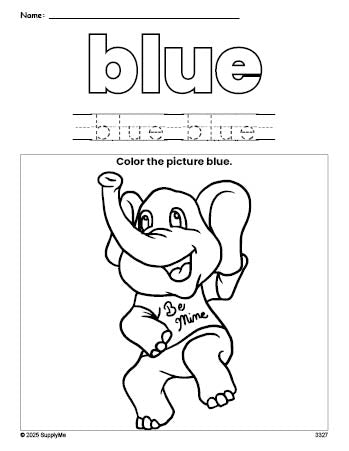 Free Valentine's Day elephant color blue coloring page and color worksheet, blue worksheet for preschoolers to learn colors, printable PDF
