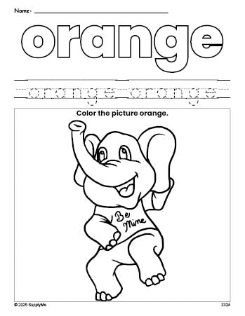 Free Valentine's Day elephant color orange coloring page and color worksheet, orange worksheet for preschoolers to learn colors, printable PDF