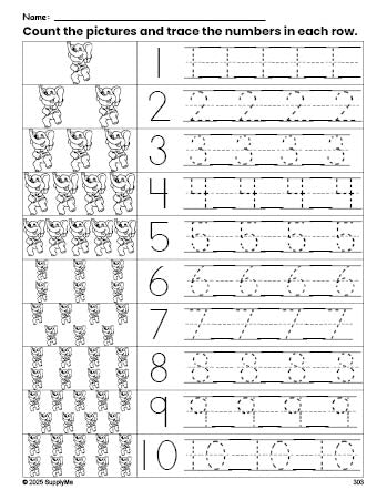 Free printable Valentine's Day elephant counting worksheet for preschool and pre-k with number tracing practice 1-10, PDF