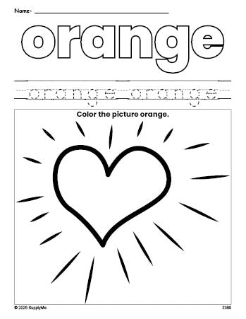Free Valentine's Day heart color orange coloring page and color worksheet, orange worksheet for preschoolers to learn colors, printable PDF