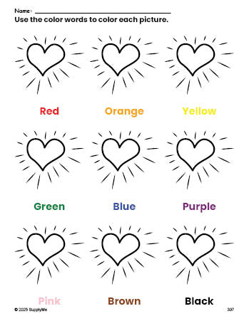 Free Valentine's Day heart coloring page and color worksheet for preschoolers to learn colors, printable PDF