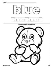 Free Valentine's Day teddy bear color blue coloring page and color worksheet, blue worksheet for preschoolers to learn colors, printable PDF