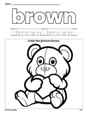 Free Valentine's Day teddy bear color brown coloring page and color worksheet, brown worksheet for preschoolers to learn colors, printable PDF