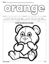 Free Valentine's Day teddy bear color orange coloring page and color worksheet, orange worksheet for preschoolers to learn colors, printable PDF