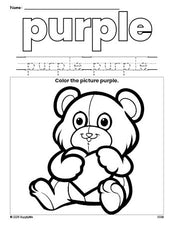 Free Valentine's Day teddy bear color purple coloring page and color worksheet, purple worksheet for preschoolers to learn colors, printable PDF