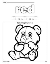 Free Valentine's Day teddy bear color red coloring page and color worksheet, red worksheet for preschoolers to learn colors, printable PDF