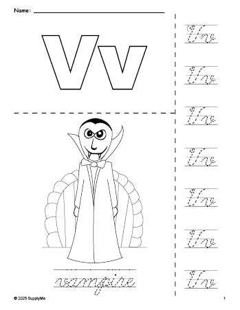 Free printable vampire Halloween coloring page and cursive letter tracing worksheet, letter v worksheet for preschool, pre-k, and kindergarten, PDF