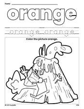 Free volcano color orange coloring page and color worksheet, orange worksheet for preschoolers to learn colors, printable PDF