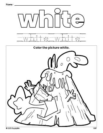 Free volcano color white coloring page and color worksheet, white worksheet for preschoolers to learn colors, printable PDF