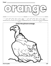 Free vulture color orange coloring page and color worksheet, orange worksheet for preschoolers to learn colors, printable PDF